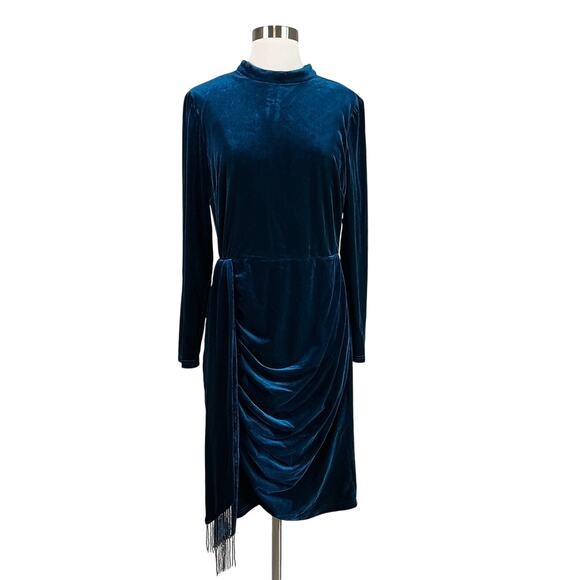 Tahari ASL Long Sleeve Velvet Sheath Cocktail Dress Blue Size 16 Beaded Sash - Picture 1 of 15